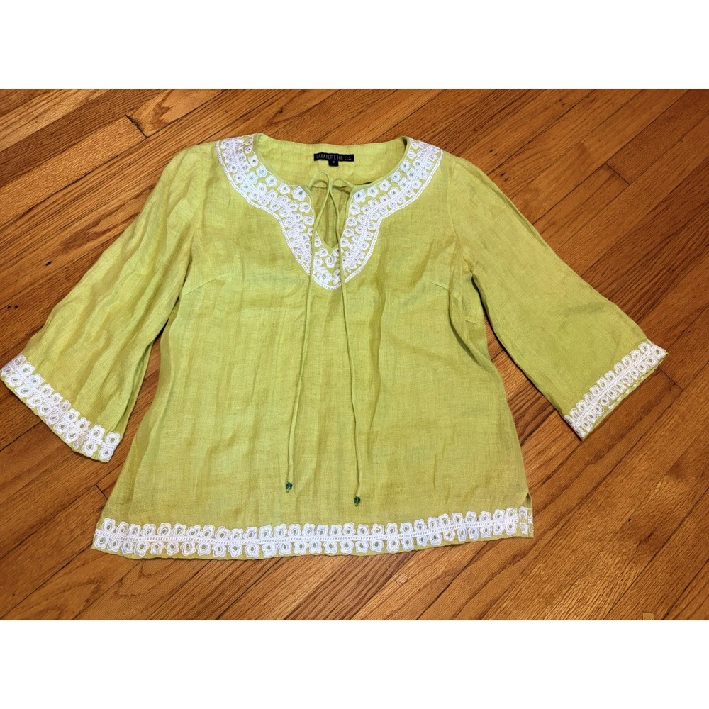 Lafayette 148 Green LINEN Womens 8 Embroidered V Neck Top Blouse Shirt